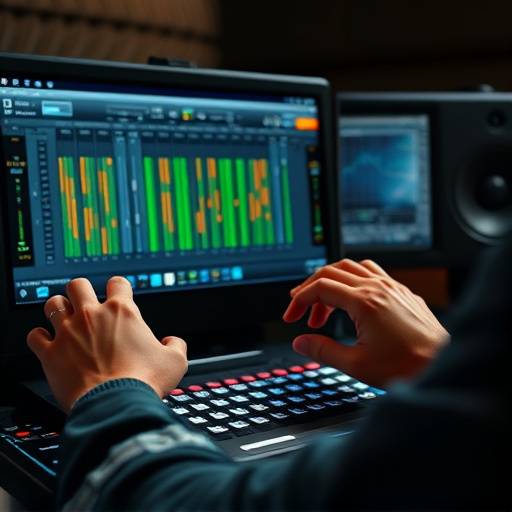 エンジニアがDAWソフトウェアで音楽を編集している様子