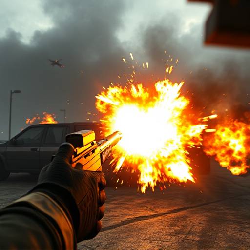 ダイナミックなアクションシーンのゲーム画面、爆発と銃声が響き渡る