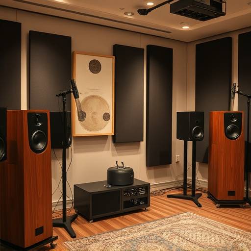 リスニングルームでスピーカーから音を聴いている様子