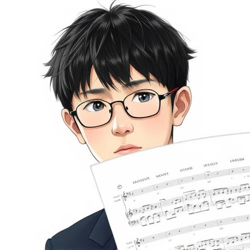 作曲家「神楽 悠真」のポートレート、真剣な表情で楽譜を見つめている