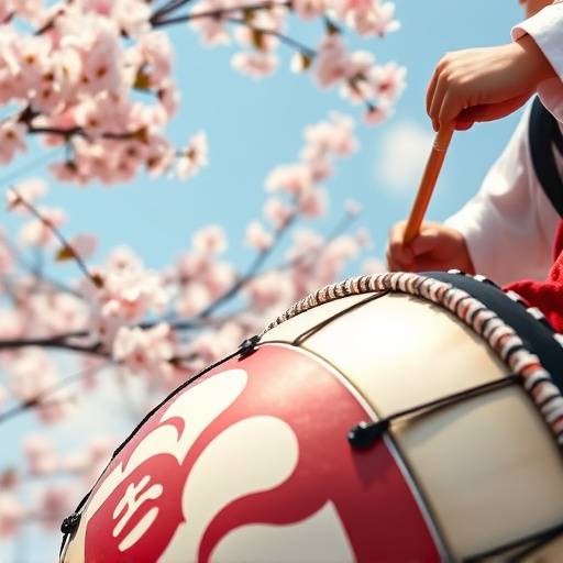 「桜吹雪」アルバムジャケットのクローズアップ、満開の桜と伝統的な太鼓が描かれている