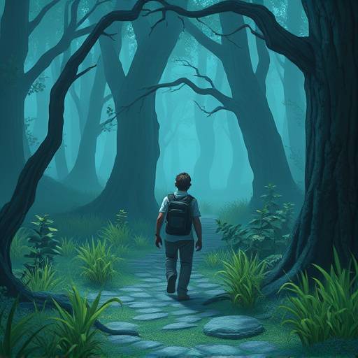 神秘的な森の中を歩く主人公の姿を描いたゲームのワンシーン